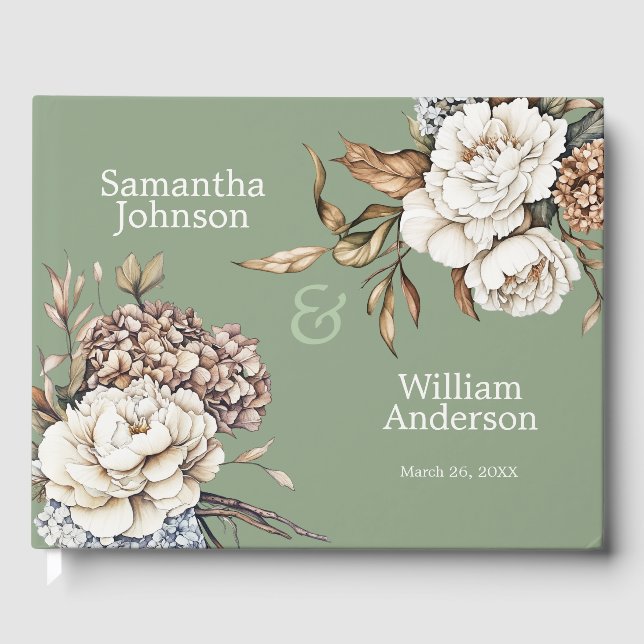 Modern Peony & Hydrangea Olive Green Wedding Guest Book (Front)