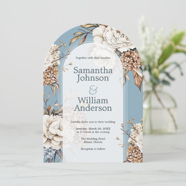 Modern Peony & Hydrangea Powder Blue Wedding Invitation (Standing Front)