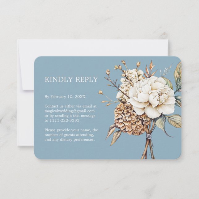 Modern Peony & Hydrangea Powder Blue Wedding RSVP Card (Front)