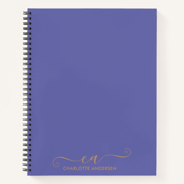 Modern Periwinkle and Gold Script Monogrammed  Notebook (Front)
