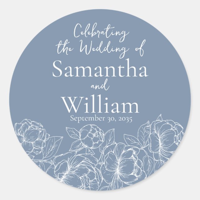 Modern Periwinkle Blue Boho Floral Wedding Classic Round Sticker (Front)