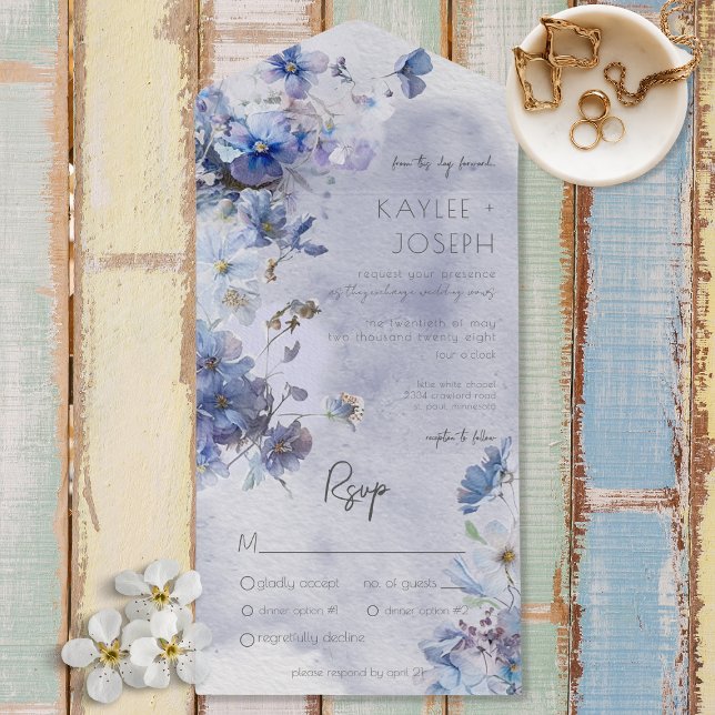 Modern Periwinkle Blue Wildflowers Dinner All In One Invitation (Creator Uploaded)