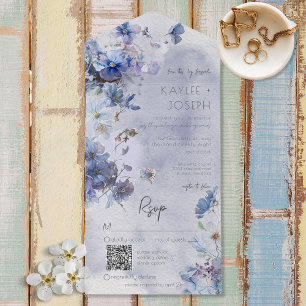 Modern Periwinkle Blue Wildflowers QR Code All In One Invitation