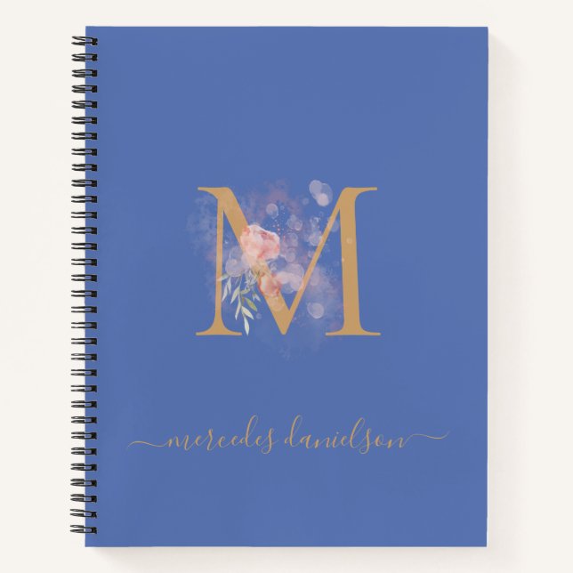 Modern Periwinkle Blush Floral Gold Monogrammed   Notebook (Front)