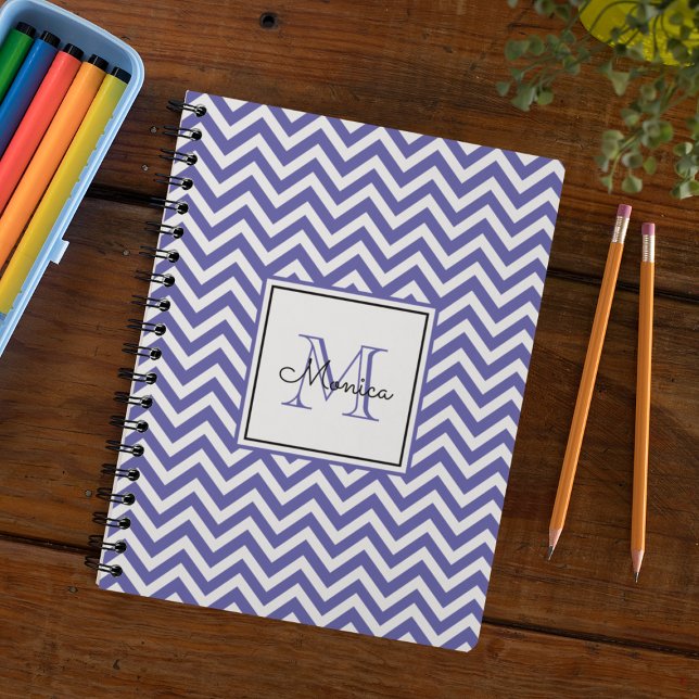 Modern Periwinkle Chevron Pattern with Monogram  Notebook (Creator Uploaded)