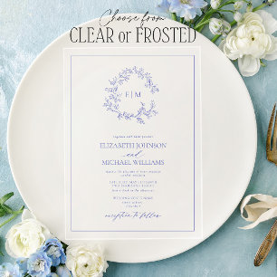 Modern Periwinkle Leafy Crest Monogram Wedding Acrylic Invitations