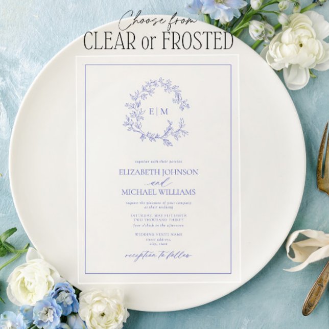 Modern Periwinkle Leafy Crest Monogram Wedding  Acrylic Invitations (Creator Uploaded)