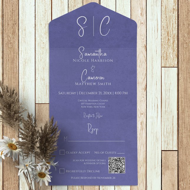 Modern Periwinkle Minimal Monogram QR Code All In One Invitation (Creator Uploaded)