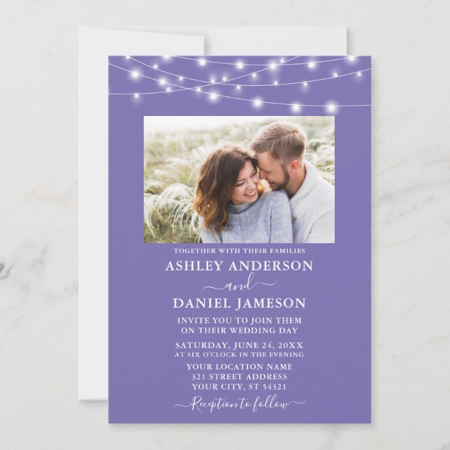 Modern Periwinkle String Lights Photo Wedding Invitation (Front)