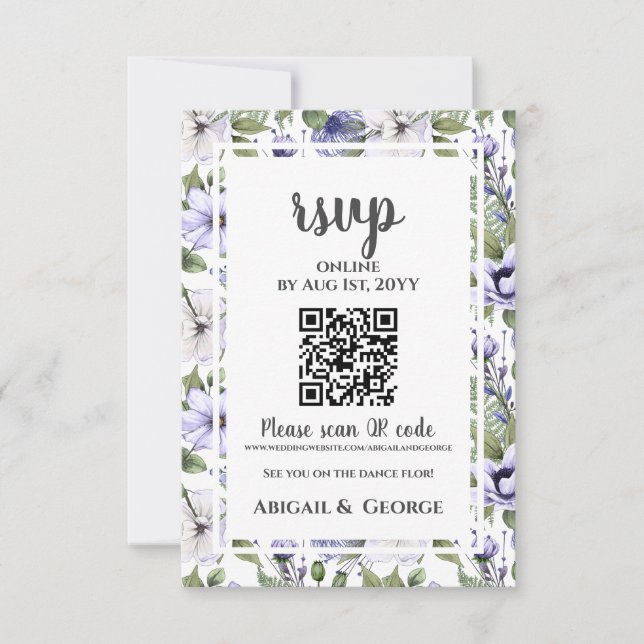 Modern Periwinkle White Floral Wedding QR Code RSVP Card (Front)