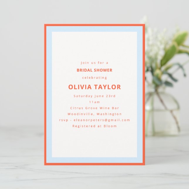 Modern Persimmon Orange Blue Border Bridal Shower Invitation (Standing Front)