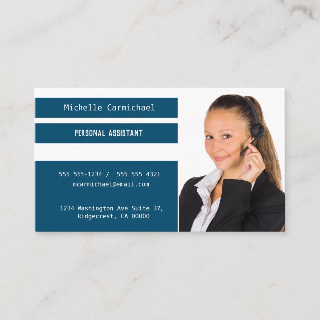Modern  Personal Assistant Photo Blue White Stripe Business Card (Front)
