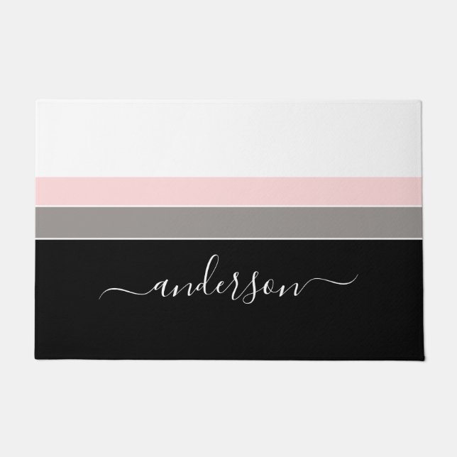 Modern Personalise Black Stripe Colour Block Doormat (Front)