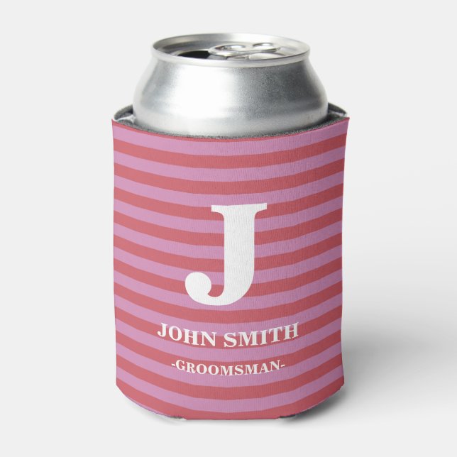 Modern Personalise Monogram White Stripes Pattern Can Cooler (Can Front)