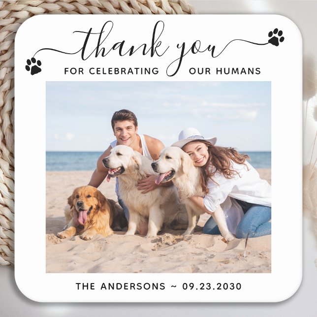 Modern Personalise Photo Thank You Pet Dog Wedding Square Paper Coaster (Creator Uploaded)