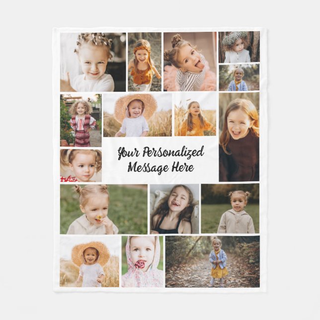 Modern Personalised 16 Photo Collage Custom Colour Fleece Blanket (Front)
