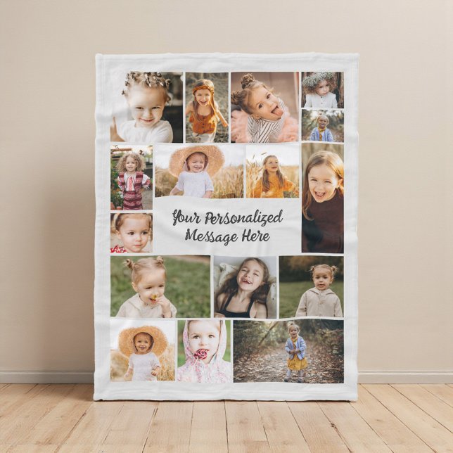 Modern Personalised 16 Photo Collage Grey Fleece Blanket (Creator Uploaded)