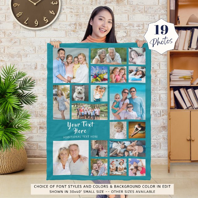 Modern Personalised 19 Photo Collage Teal Fleece Blanket (Creator Uploaded)