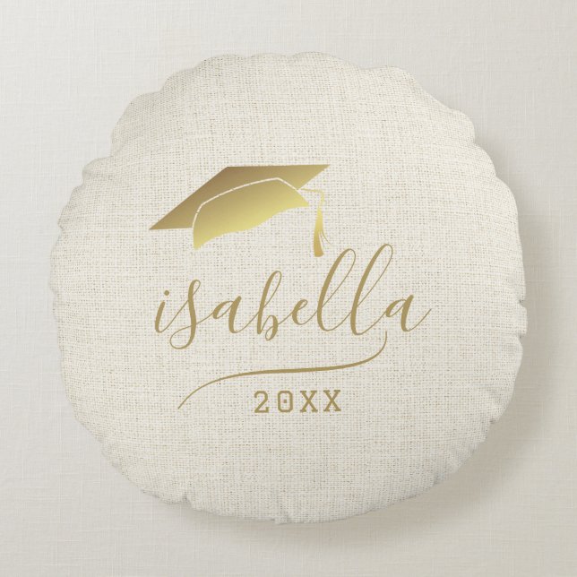 Modern Personalised 2024 Gold Grad Cap Keepsake Round Cushion (Front)