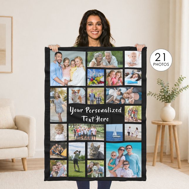 Modern Personalised 21 Photo Collage Custom Colour Fleece Blanket (Creator Uploaded)