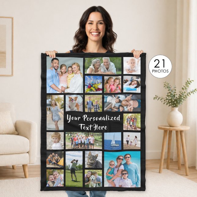 Modern Personalised 21 Photo Collage Custom Colour Fleece Blanket (Creator Uploaded)