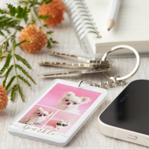 Modern Personalised 4 Photo Collage QR Code Key Ring