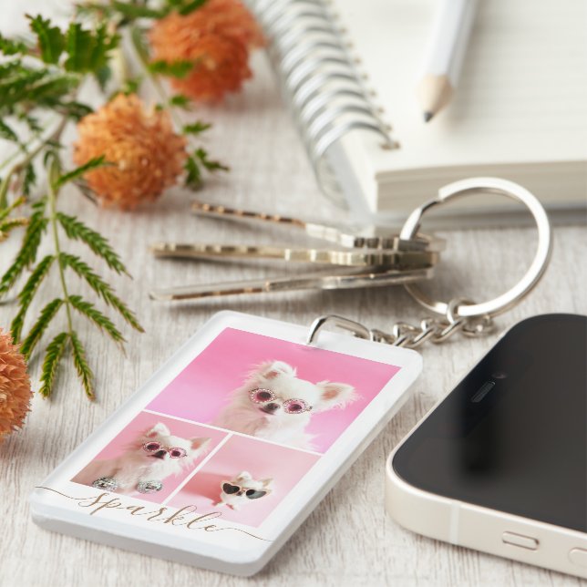 Modern Personalised 4 Photo Collage QR Code Key Ring (Front Right)