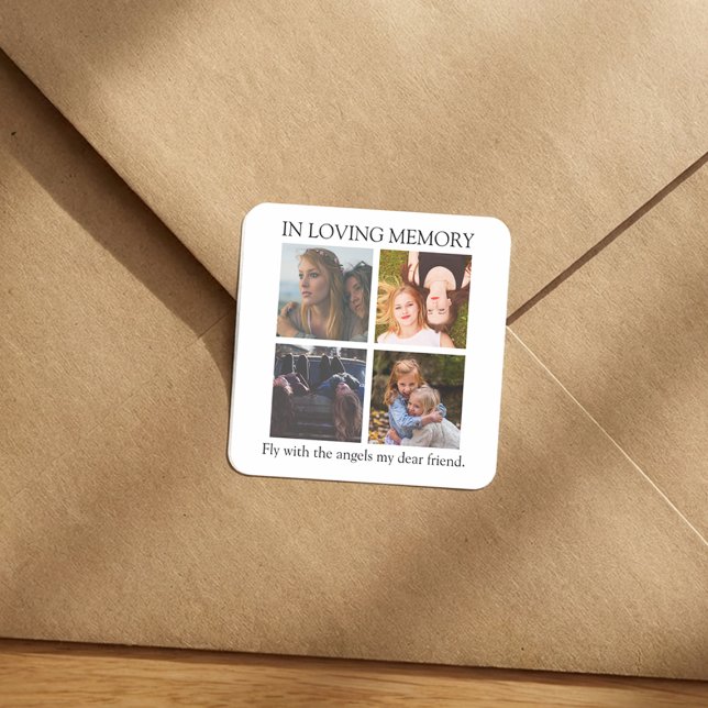Modern | Personalised | 4 Photo Memorial Square Sticker (Creator Uploaded)