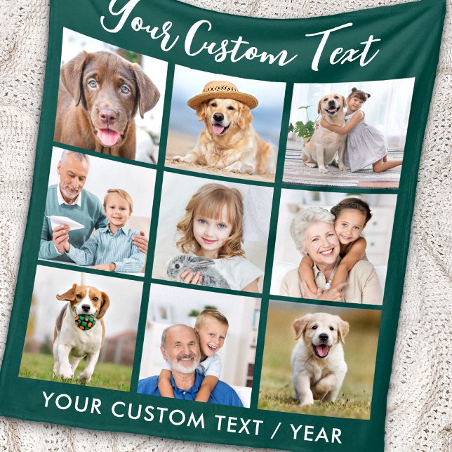Modern Personalised 9 Photo Collage Emerald Green Fleece Blanket (Creator Uploaded)
