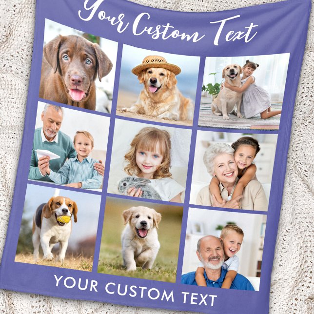 Modern Personalised 9 Photo Collage Periwinkle  Fleece Blanket (Creator Uploaded)