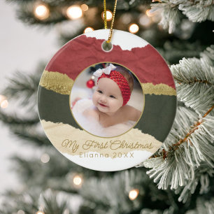 Modern Personalised Baby's First Christmas Photo Ceramic Tree Decoration