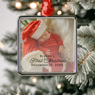 Modern Personalised Baby's First Christmas Photo Metal Tree Decoration