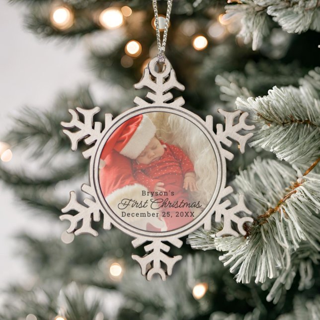 Modern Personalised Baby's First Christmas Photo Snowflake Pewter Christmas Ornament (Creator Uploaded)