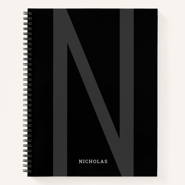 Modern Personalised Big Initial Name Grey Black Notebook (Front)
