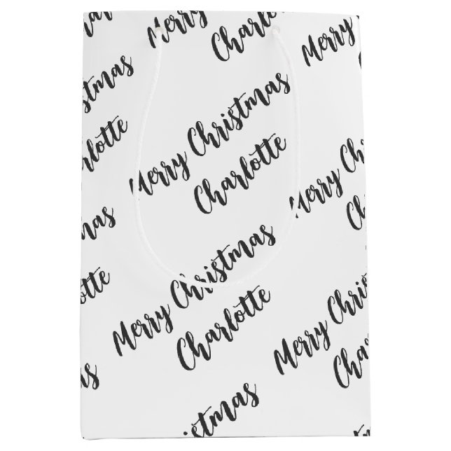 Modern Personalised Black and White Christmas Medium Gift Bag (Front)