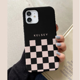 Modern Personalised Black & Cream Chequered iPhone 15 Case