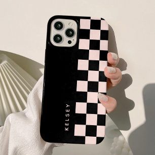 Modern Personalised Black & Cream Chequered iPhone 15 Case