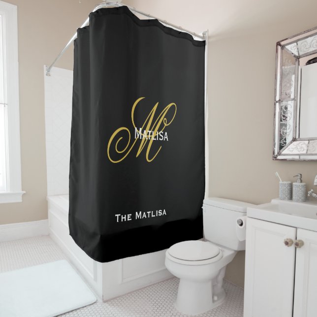 Modern Personalised Black & Gold Monogram Script  Shower Curtain (In Situ)