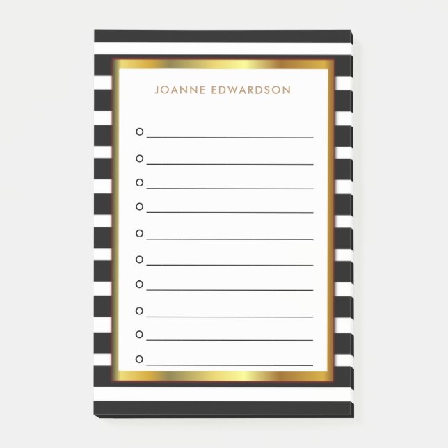 Modern personalised black white stripes gold post-it notes (Front)