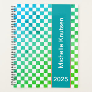 Modern Personalised Blue and Green Chequered 2025 Planner