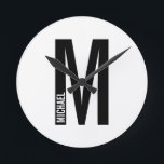 Modern Personalised Bold Monogram and Name Round Clock<br><div class="desc">Modern Monogram Design featuring personalised monogram letter "M" and name in modern bold sans serif font style.</div>