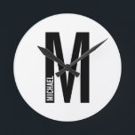 Modern Personalised Bold Monogram and Name Round Clock<br><div class="desc">Modern Monogram Design featuring personalised monogram letter "M" and name in modern bold sans serif font style.</div>