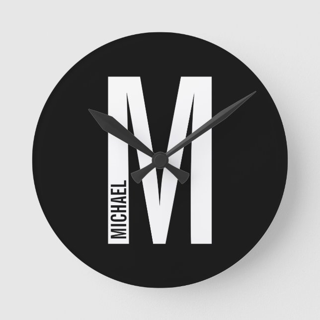 Modern Personalised Bold Monogram and Name Round Clock (Front)