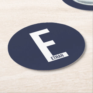 Modern Personalised Bold Monogram and Name Round Paper Coaster
