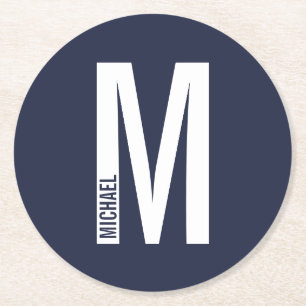 Modern Personalised Bold Monogram and Name Round Paper Coaster