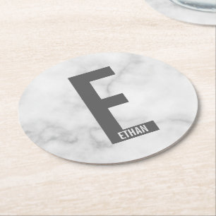 Modern Personalised Bold Monogram and Name Round Paper Coaster