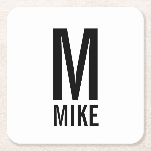 Modern Personalised Bold Monogram and Name Square Paper Coaster (Front)