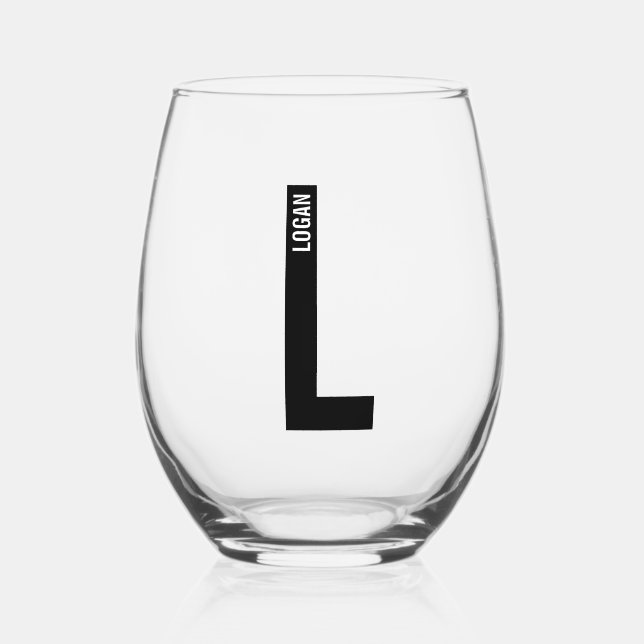 Modern Personalised Bold Monogram and Name Stemless Wine Glass (Front)