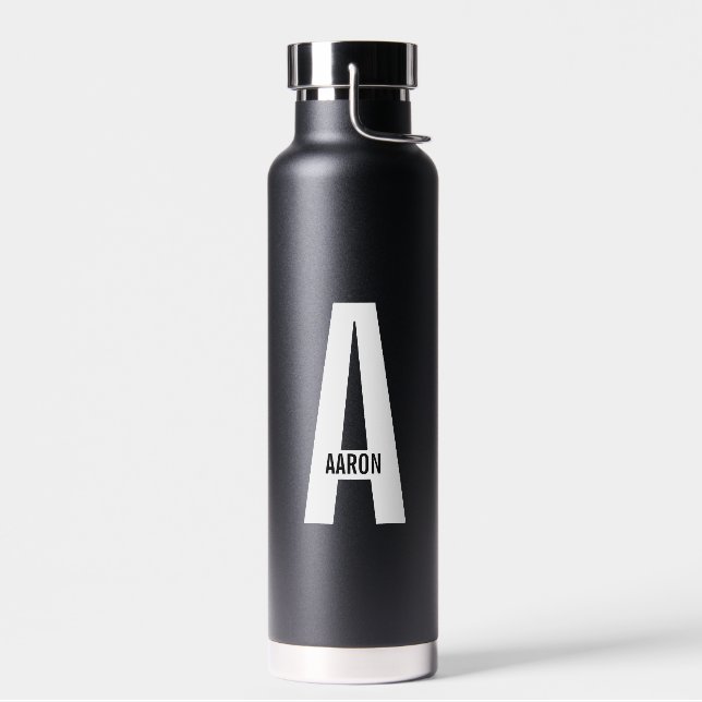 Modern Personalised Bold Monogram and Name Water Bottle (Left)