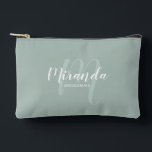 Modern Personalised Bridesmaid Monogram Name Accessory Pouch<br><div class="desc">Add a personal touch to your wedding with personalised bridesmaid gift. This design features personalised bridesmaid's name in white modern script font style and monogram in sage green modern script font style as background with title in white modern sans serif font style on sage green background. Also perfect for maid...</div>